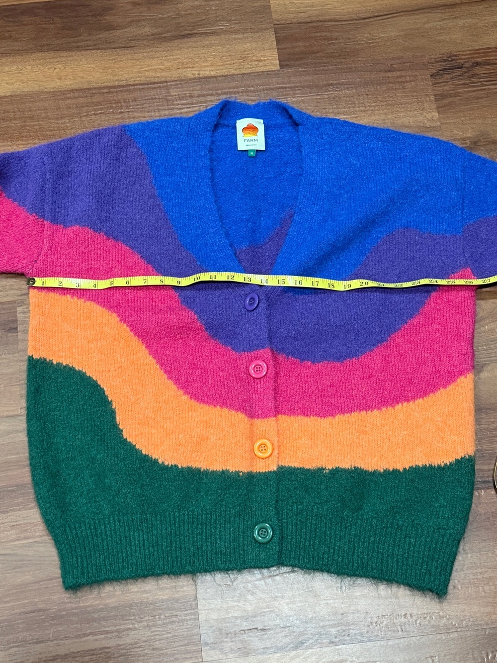 FARM Rio Vintage Waves Multicolor Knit Cardigan Blue & Purple Medium Oversized - Picture 4 of 7